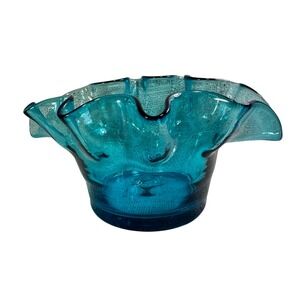 Bischoff Art Glass Ruffled Handkerchief Bowl Turquoise Blue Mid Century Modern